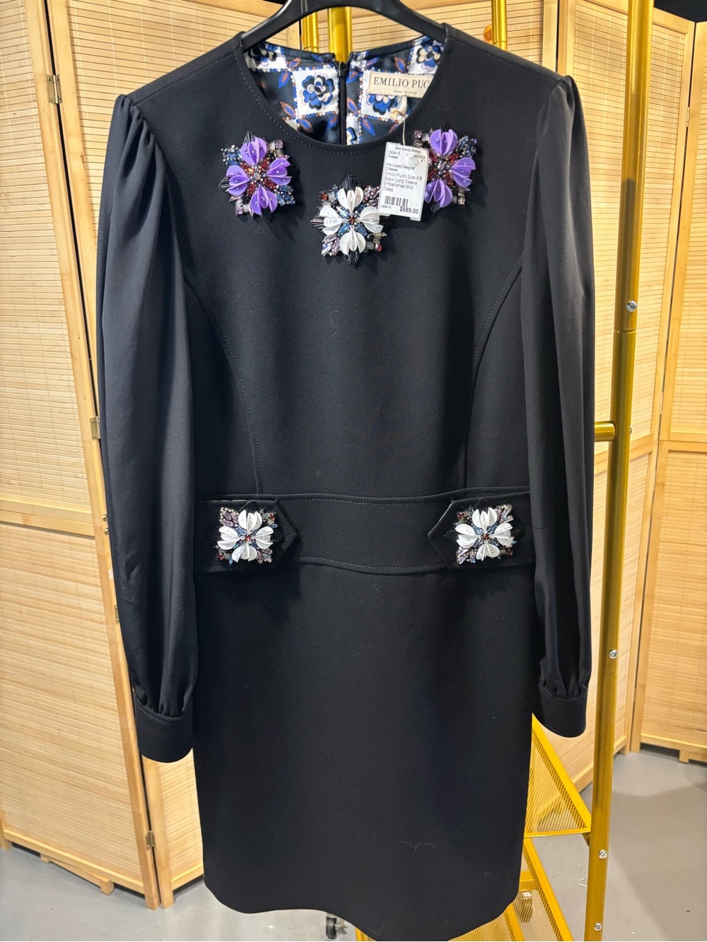 Emilio Pucci Black Long-Sleeve Dress with Purple and White Floral Embellishments